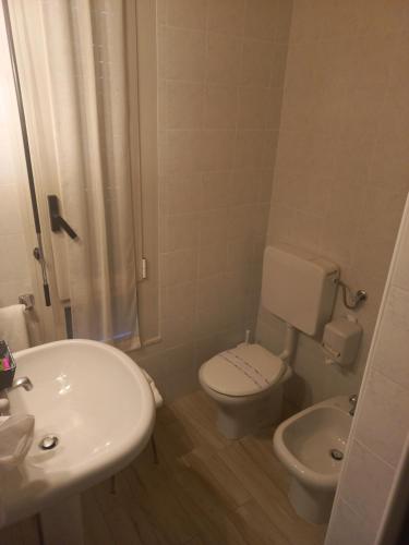 bagno con servizi igienici bianchi e lavandino di Park Hotel a Castel San Pietro Terme