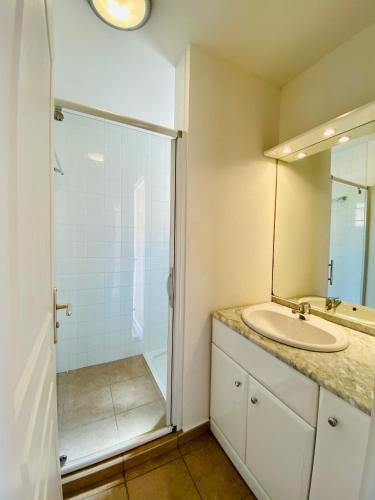 une salle de bain avec un lavabo et une douche dans l'établissement A Funtana deux chambres, vue mer, piscine et tennis, à Propriano