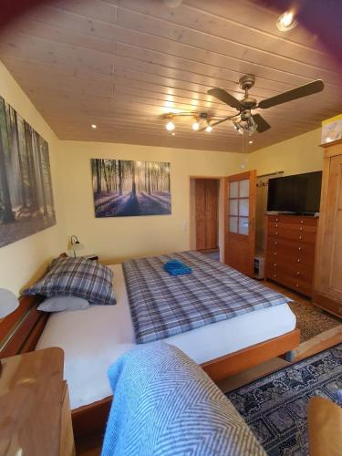 a bedroom with two beds and a ceiling fan at Luxus Ferienwohnung in Pfungstadt