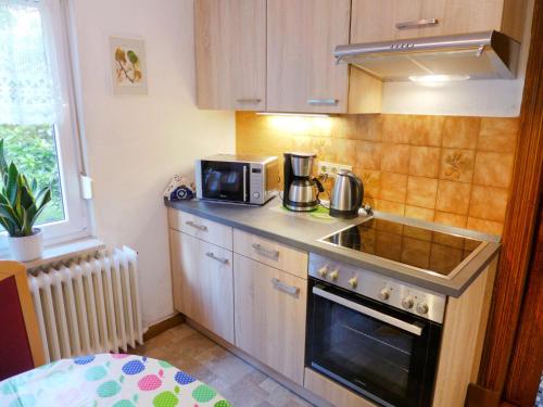 uma pequena cozinha com fogão e micro-ondas em Apartment Landhaus Bischoff by Interhome em Südbrookmerland