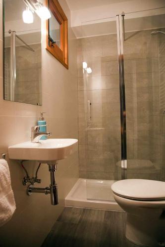 a bathroom with a sink and a shower and a toilet at Casa La Lourdes in Ainet de Besan