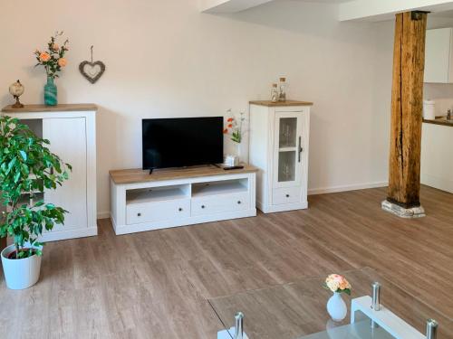 a living room with a flat screen tv on a entertainment center at Apartment Langeoog by Interhome in Westerholt
