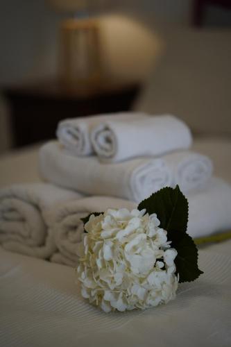 マツァーラ・デル・ヴァッロにあるB&B Bivonaのベッドの上に白い花(タオル付)