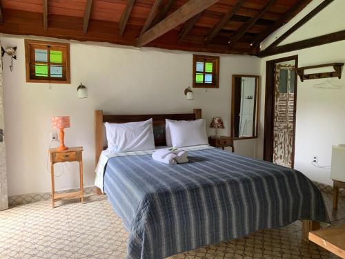 a bedroom with a bed with a blue comforter at Pousada Pe da Serra in Tiradentes