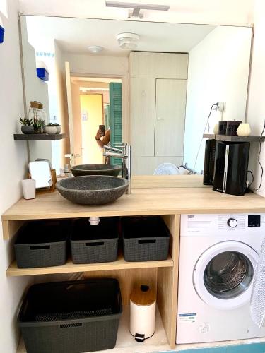 a kitchen with a sink and a washing machine at Studio Carayou in Les Trois-Îlets