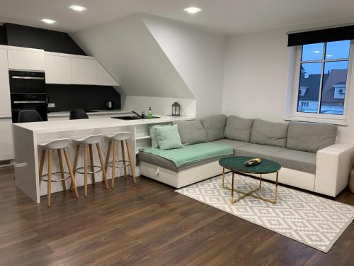 sala de estar con sofá y cocina en Pärnu Lubja Apartments en Pärnu