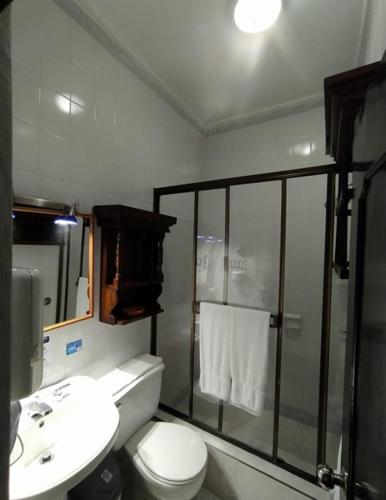 a bathroom with a shower and a toilet and a sink at Hotel Camino Real Popayán Colombia in Popayan