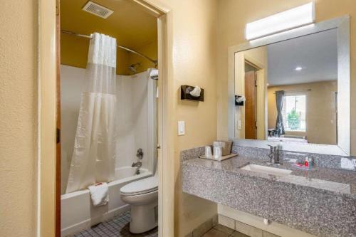 une salle de bain avec un lavabo, des toilettes et un miroir dans l'établissement Southern Inn and Suites, à Spartanburg
