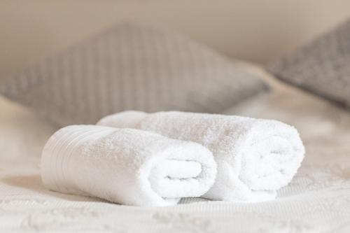 a roll of toilet paper sitting on a bed at Apartma Vila Golf in Rogaška Slatina