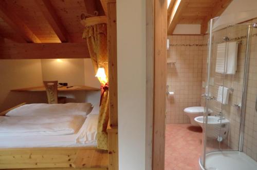 a bedroom with a bed and a shower and a toilet at Garnì Costa Verde in Bocenago