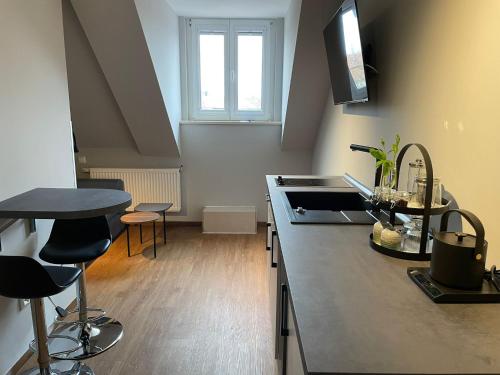 a kitchen with a sink and a counter top at The Kepos Hotel Erlangen in Erlangen