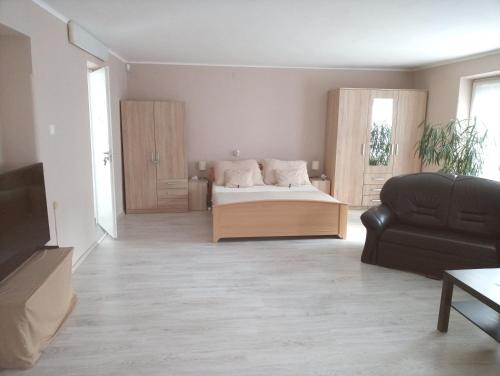 a living room with a bed and a couch at Stardust apartman in Pécs