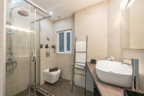 雅典Superb Acropolis view 3bd apt in historical center的带水槽、淋浴和马桶的浴室