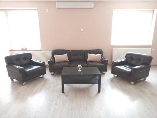 a living room with two leather couches and a coffee table at Stardust apartman in Pécs