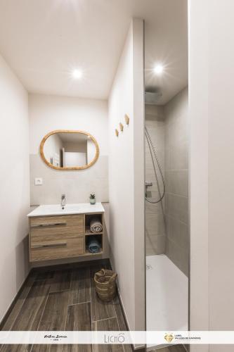 a bathroom with a sink and a shower at La parenthèse du Tourmalet - séjour tout compris - draps et ménage inclus- in Luz-Saint-Sauveur