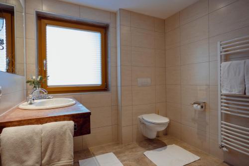 a bathroom with a toilet and a sink and a window at Beim Kathrein - inklusive SILVRETTA Card Premium in Galtür