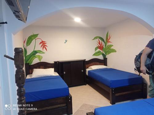 - 2 lits dans une chambre avec une fresque murale dans l'établissement Hotel Plaza Calarcá, à Calarcá