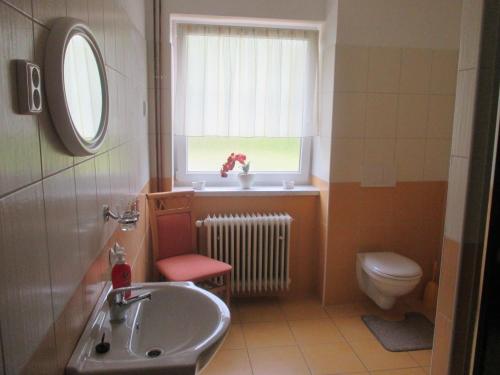 a bathroom with a sink and a toilet and a window at Dům Hana in Nejdek