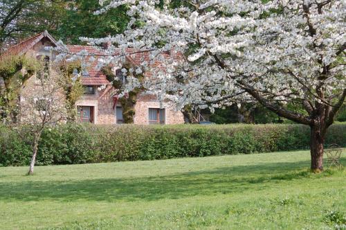 a flowering tree in front of a brick building at Gîte dans un Domaine Historique in Chevreuse