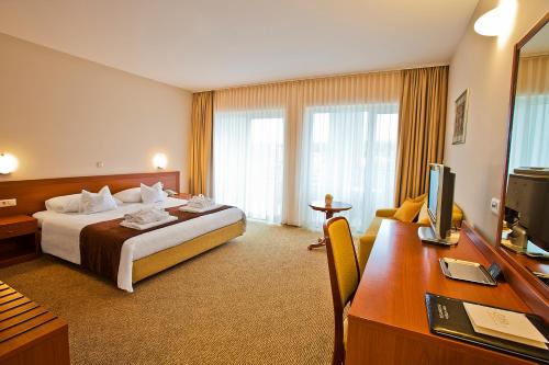 a hotel room with a bed and a desk at Spa & Wellness Hotel Pinia in Malinska