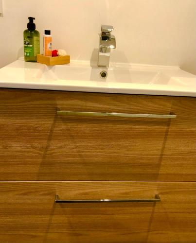 a bathroom counter with a sink and a sink at Le Cosy in Schiltigheim