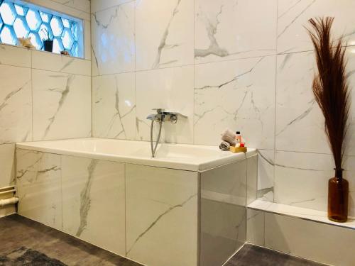 a bathroom with white marble walls and a tub at Le Cosy in Schiltigheim