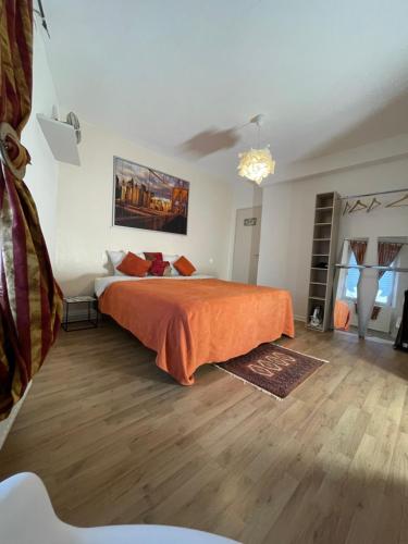 a bedroom with a large bed with an orange bedspread at Le Cosy in Schiltigheim