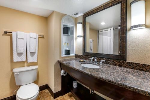 a bathroom with a toilet and a sink and a mirror at Best Western Plus Flagler Beach Area Inn & Suites in Palm Coast