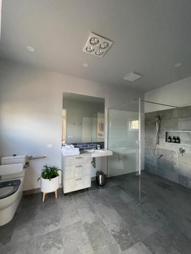 a bathroom with a toilet and a sink and a shower at Boat Harbour Jetty B&B in Port Albert