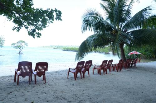 a row of chairs sitting on a beach at Coconhuts Beach Resort in Neil Island