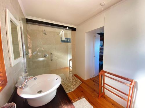 uma casa de banho com um lavatório branco e um chuveiro em Tiptol Couple's Retreat em Jeffreys Bay