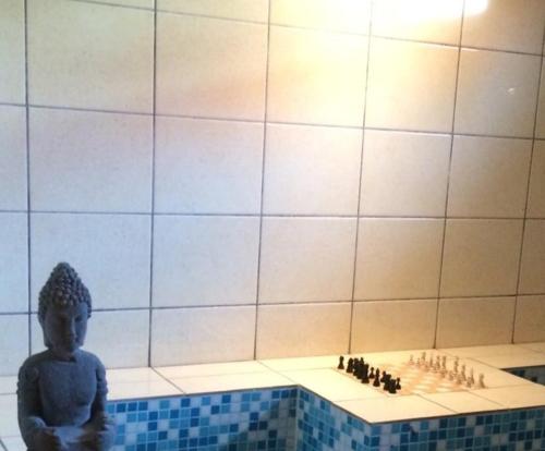 a statue sitting in a bath tub in a bathroom at Panzió Tata in Tata