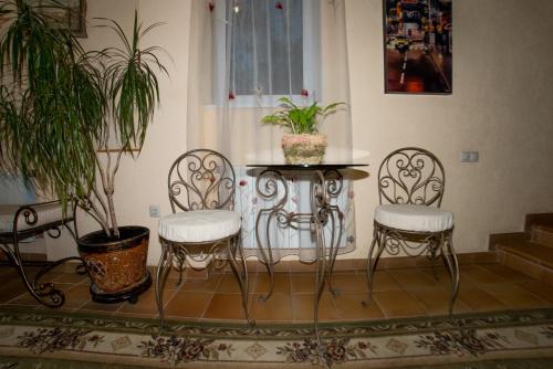 ベレズニキにあるPride-Hotelの椅子2脚と植物テーブル1台が備わる部屋