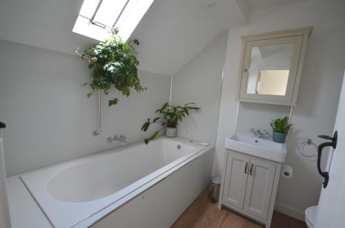 uma casa de banho com uma banheira, um lavatório e um espelho. em Arch Cottage em Chagford