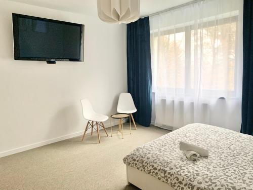 a bedroom with a tv and two chairs and a bed at Villa Vincentów in Myślenice