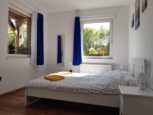 a white bedroom with a bed and two windows at Liget Vendégház in Szokolya