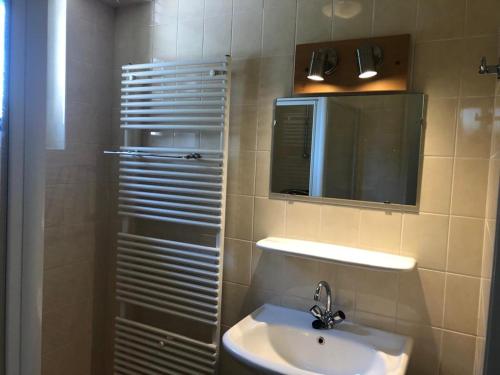 W łazience znajduje się umywalka i lustro. w obiekcie Vakantiehuis Kiki w mieście Sondel