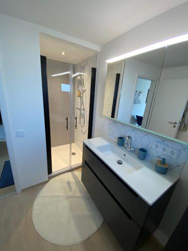 a bathroom with a sink and a mirror and a shower at Schöne Wohnung mit Ausblick und Gartensitzplatz in Lörrach