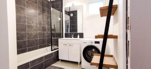 a bathroom with a washing machine and a sink at A 2 PAS DU LAC - WIFI - Garage - Netflix - Disney+ - Lac in Sévrier