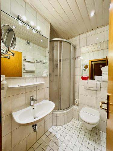 een badkamer met een wastafel, een douche en een toilet. bij Schloss Hotel Herborn in Herborn