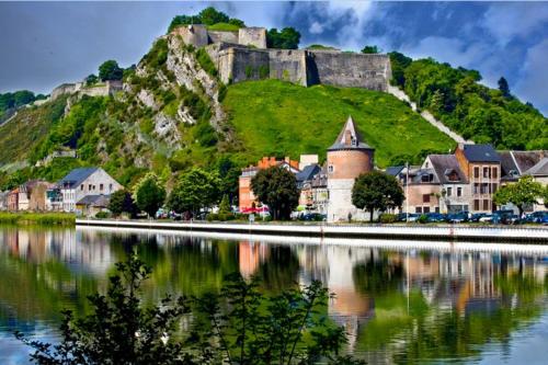 a castle on a hill next to a body of water at gîte de nonna in Givet