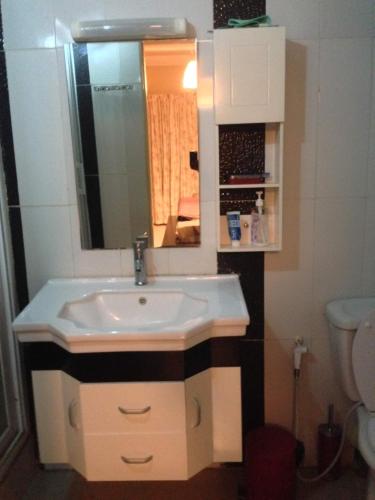 uma casa de banho com um lavatório, um espelho e um WC. em JOLI APPARTEMENT A DAKAR,ESPACES MAMELLE em Dakar