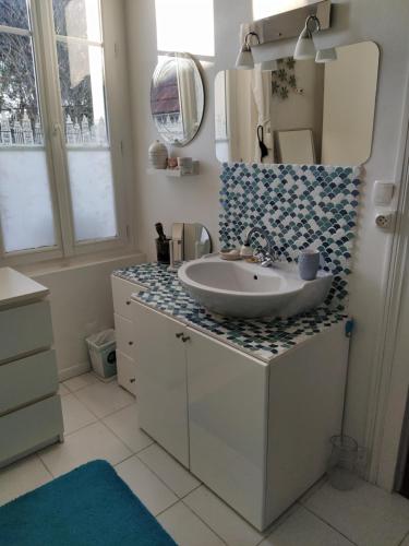La salle de bains est pourvue d'un lavabo et d'un miroir. dans l'établissement la loire et ses chateaux, à Montlouis-sur-Loire