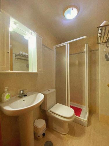 a bathroom with a toilet and a sink and a shower at Apartamento Coliseo Almuñecar in Almuñécar
