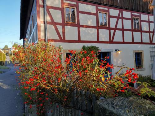 a building with red flowers in front of it at Urlaub im 200 Jahre alten Fachwerkhaus in Lichtenhain