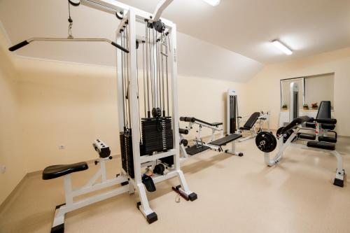 a room with a gym with several tread machines at Pensiunea Montana Popa in Blaj