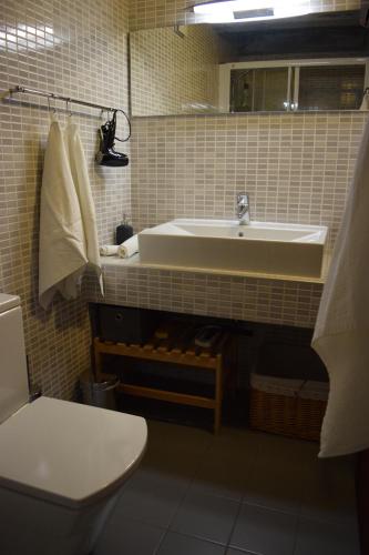 La salle de bains est pourvue d'un lavabo et de toilettes. dans l'établissement Apartman CASA MARŠIĆ, à Oprtalj