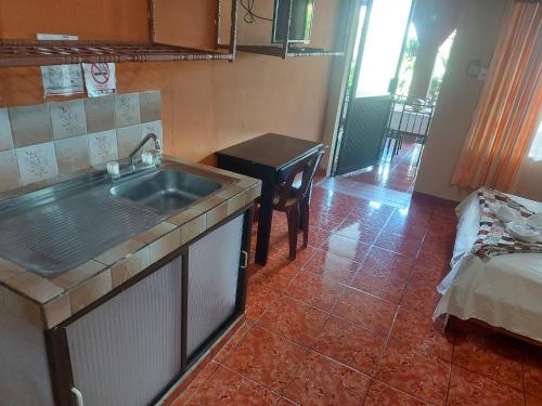 a kitchen with a sink and a room with a bed at Hotel Torre Fuerte in Venecia