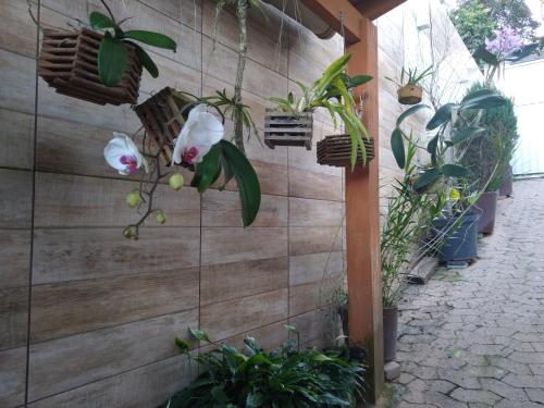 a wooden wall with flowers and plants on it at Recanto das Orquídeas Domingos Martins- Soido De Cima,4km centro in Domingos Martins