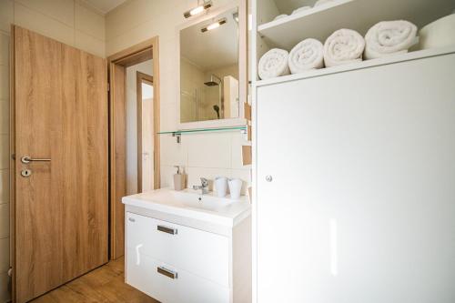 a bathroom with a sink and a mirror at Apartmaji BANONIA " Poletni vetrc " in Banovci